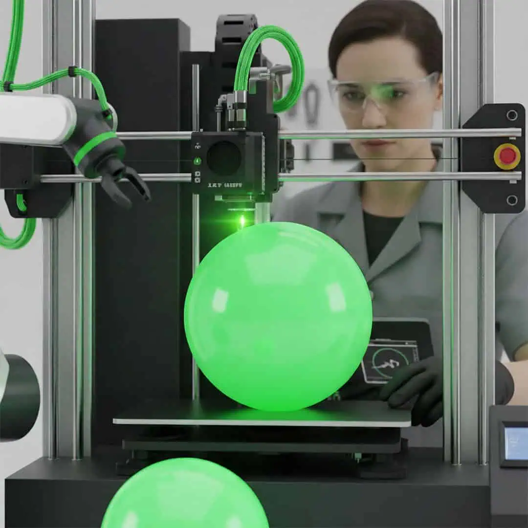 A woman wearing safety glasses operates a 3D printer that is creating a glowing green spherical object. She appears focused on the process, monitoring the print on a screen nearby.