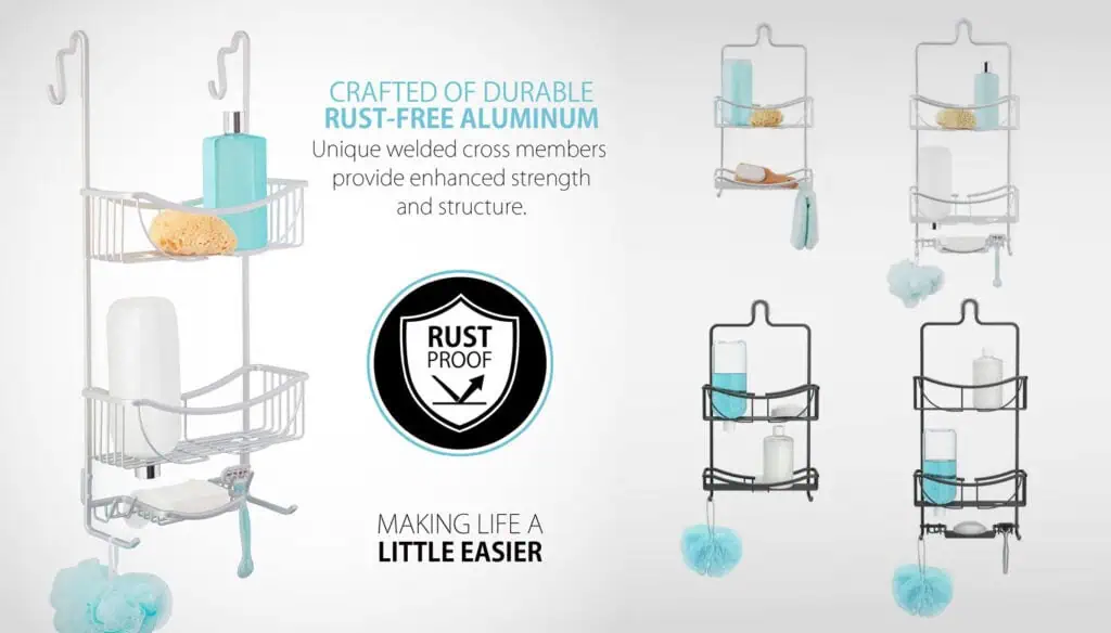 A shower caddy with two shelves holds toiletries like lotion, soap, and a sponge. Text highlights its rust-free aluminum construction. Four smaller images show different angles and uses of the caddy. A Rust Proof badge is displayed.