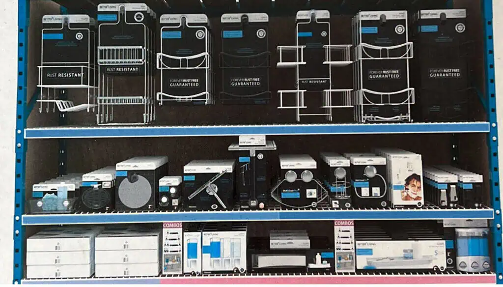 Shelves stocked with various home filtration and water treatment products, including filters, cartridges, and boxed items, all organized by type and size with clear labels and packaging.
