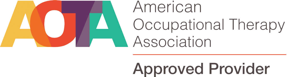 AOTA Approved Provider logo with bold overlapping letters AOTA in yellow, orange, red, purple, and green, and the text American Occupational Therapy Association Approved Provider to the right.