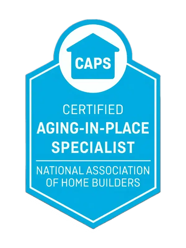 Blue badge with a house icon and CAPS inside. Text reads: Certified Aging-in-Place Specialist, National Association of Home Builders.