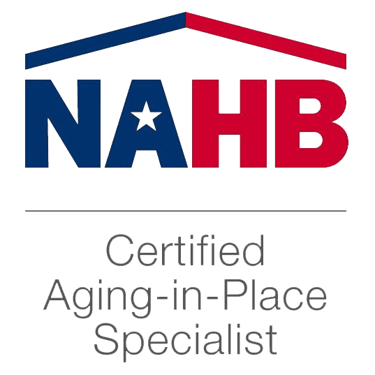 Logo with blue and red letters “NAHB” under a stylized roof, with the words “Certified Aging-in-Place Specialist” written below in gray text.
