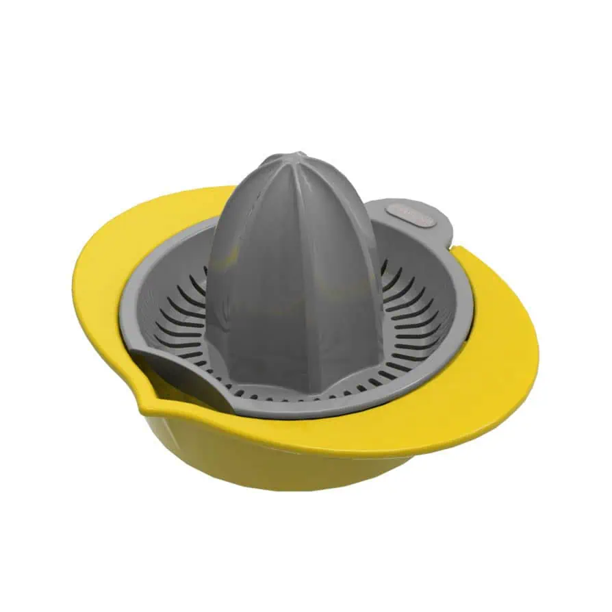 A plastic citrus juicer with a yellow base and handle, a gray reamer, and a strainer for catching seeds and pulp.