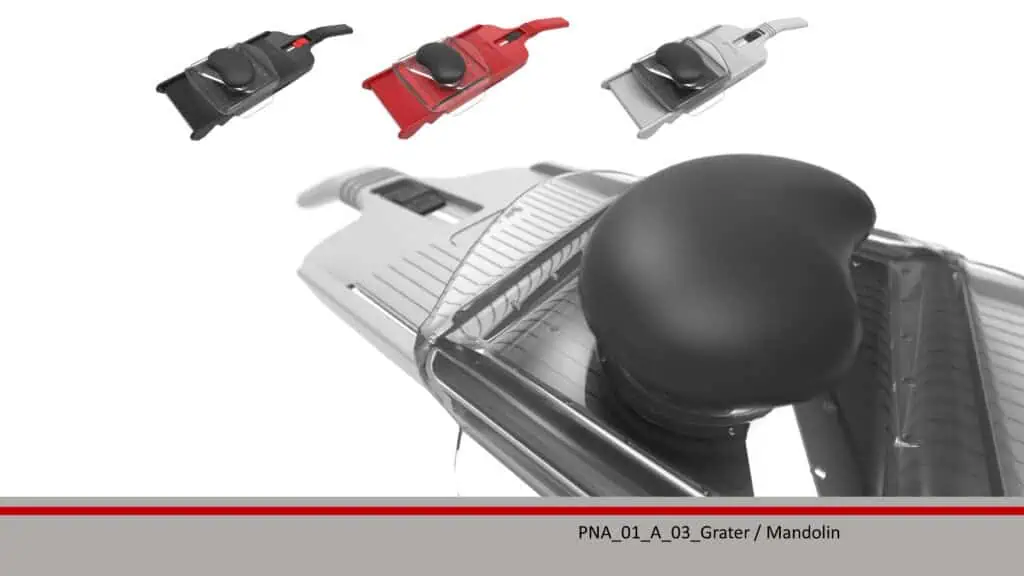 Close-up of a mandolin vegetable slicer with a black hand guard; three smaller versions in black, red, and white appear in the upper left. The text at the bottom reads Grater / Mandolin.