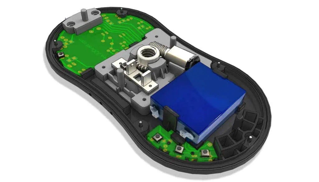 An opened computer mouse showing its internal components, including a blue battery, green circuit boards, a scroll wheel mechanism, and electronic parts housed within a black plastic casing.