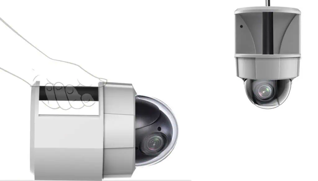 A hand holds a dome-shaped security camera on the left, while on the right, the same camera is shown mounted and hanging from the ceiling. Both cameras have a visible lens inside a clear dome.
