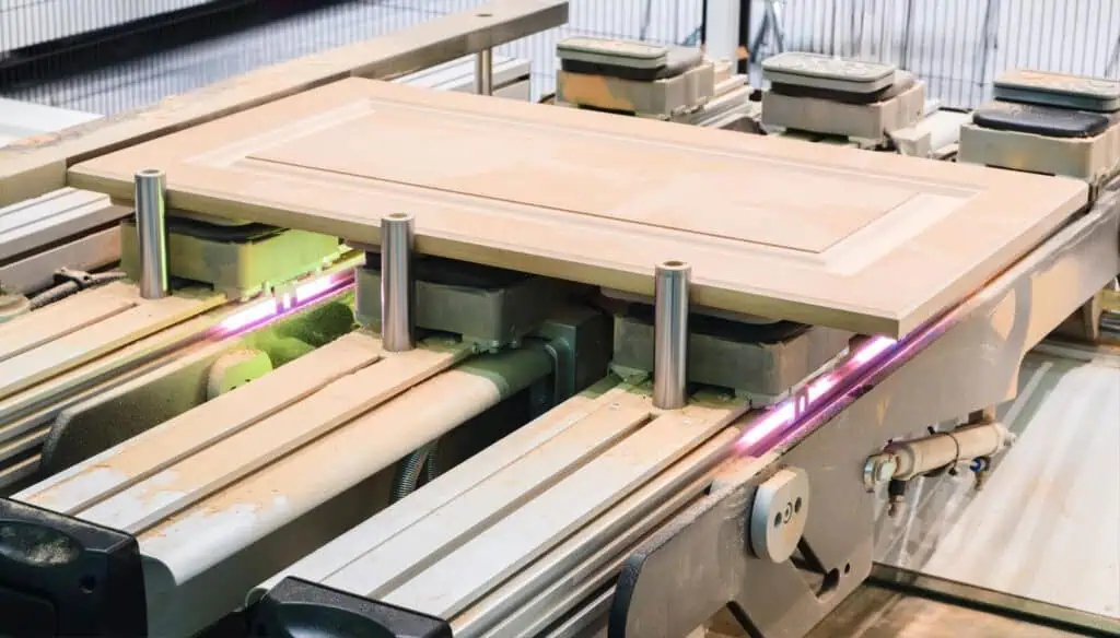 A wooden cabinet door is being processed on an automated machine with laser sensors and metal tracks in a factory setting.
