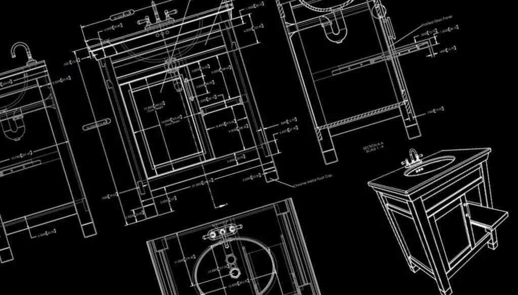 White technical drawings of a bathroom sink vanity on a black background, showing multiple views including front, side, and perspective, with detailed measurements and labels.