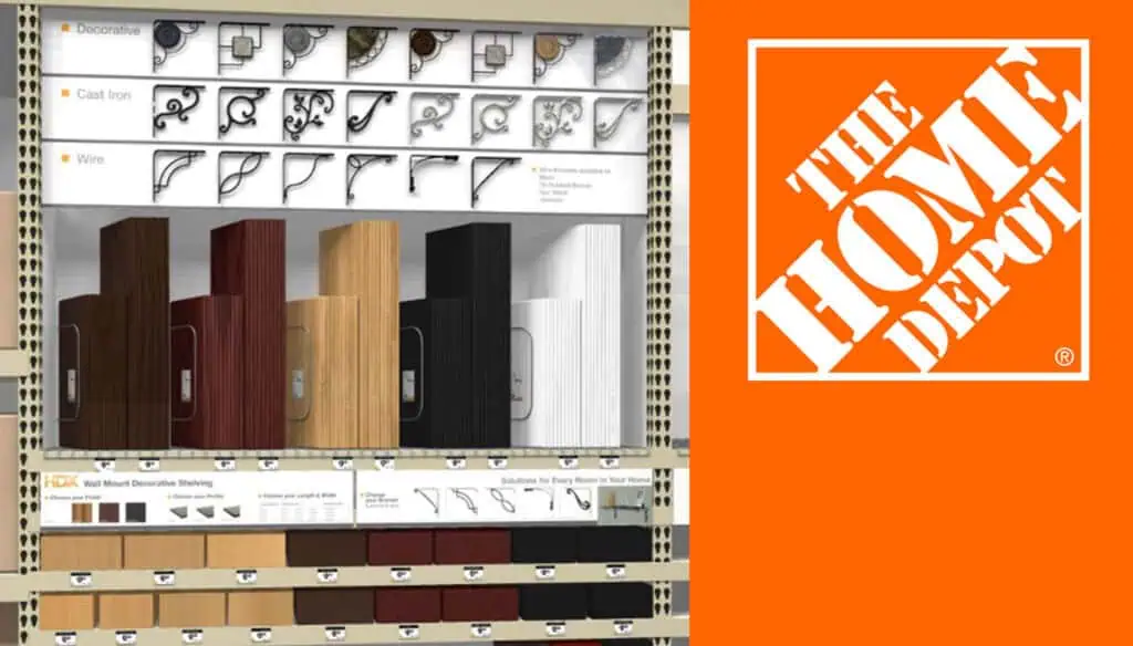 Shelves display decorative shelf brackets and wood shelf samples in various finishes at a store. To the right, the orange Home Depot logo with white text appears on a solid background.