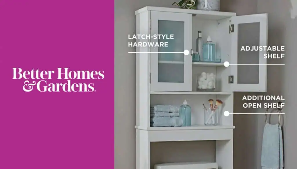 Better Homes & Gardens graphic showing a white bathroom cabinet with labeled features: latch-style hardware, adjustable shelf, and additional open shelf, alongside the brands logo on a purple background.