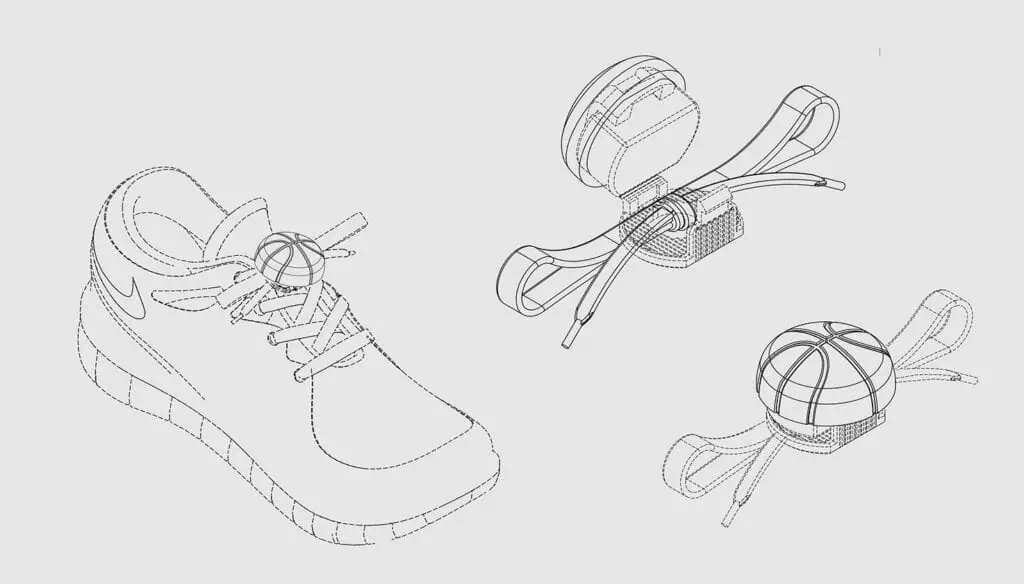 Line drawing showing a sneaker with laces threaded through a spherical device, and two close-up views of the device securing shoelaces, demonstrating how it works to tighten and lock laces in place.