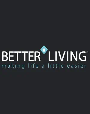 The image displays the BETTER LIVING logo with a blue water droplet symbol between the words. Below, the tagline reads, making life a little easier, all set against a dark background.