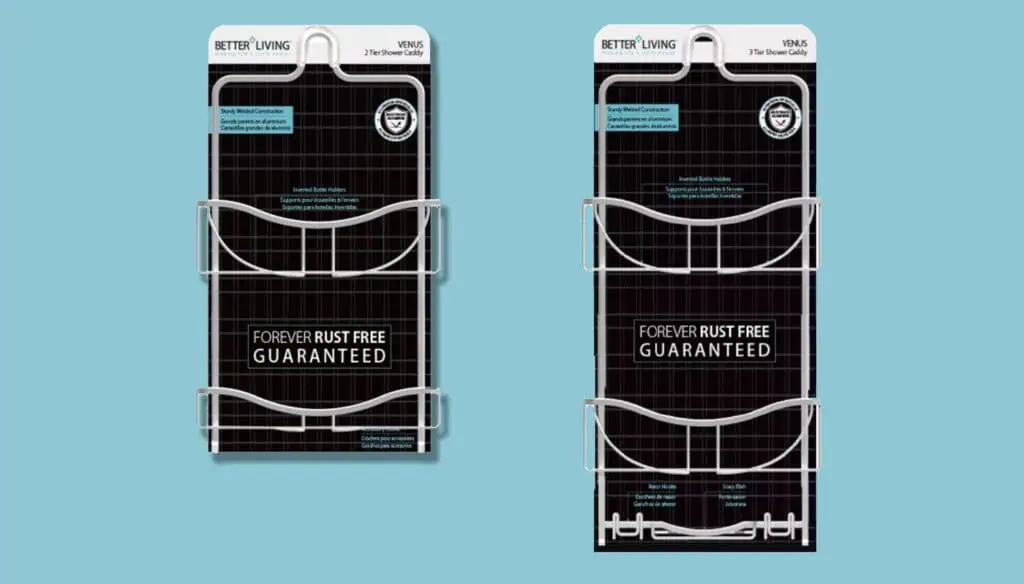 Two black and white Better Living shower caddy packages on a light blue background, each labeled Forever Rust Free Guaranteed with white wire racks visible through the packaging.