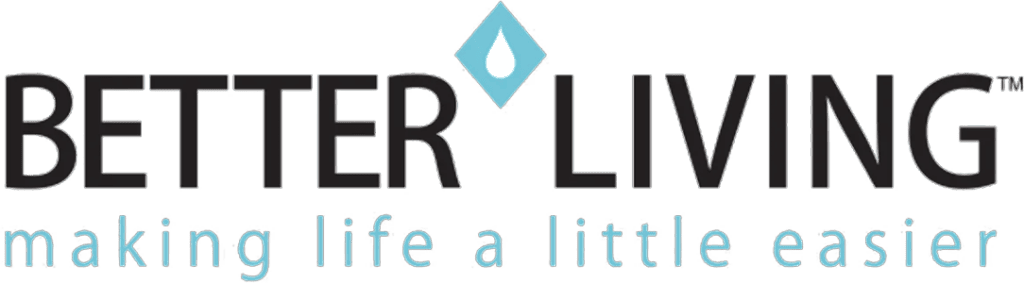 Logo with the words BETTER LIVING in black, separated by a blue diamond with a droplet inside. Below, in light blue text: making life a little easier.
