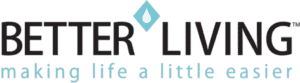 Logo with the words BETTER LIVING in black, separated by a blue diamond with a droplet inside. Below, in light blue text: making life a little easier.