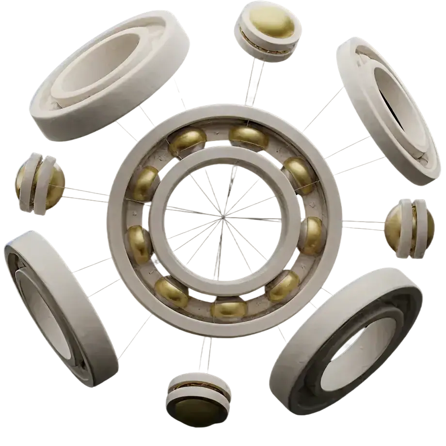 A 3D-rendered image of a disassembled ball bearing, showing white circular rings and golden spherical balls, with each component separated and suspended in space.