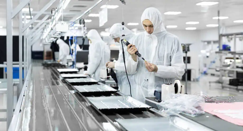 Workers in white protective suits assemble electronics on a factory production line, using tools and equipment in a bright, clean, high-tech environment.