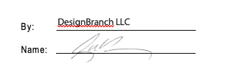 A signature line labeled By: with DesignBranch LLC typed above a signature, and another line labeled Name: with a handwritten signature above it.