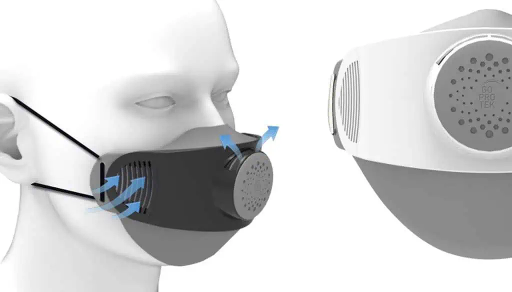 Digital illustration of a person wearing a high-tech face mask with vents and arrows showing airflow. Close-up of the mask highlights its design and filtration features for respiratory protection.
