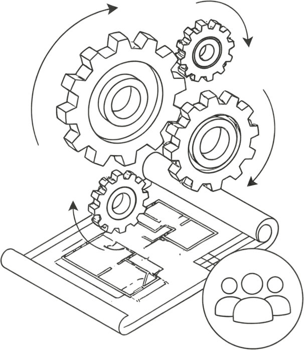 A black-and-white line drawing of gears interlocking above a rolled-out floor plan, with arrows showing movement. In the corner, there is an icon of three people, representing teamwork or collaboration.
