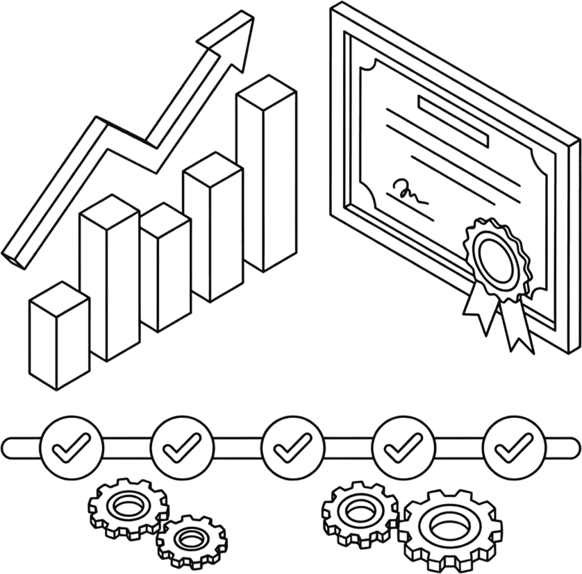 Line art illustration showing a rising bar graph with an arrow, a certificate with a ribbon, a timeline with check marks, and gears symbolizing progress, achievement, process, and certification.