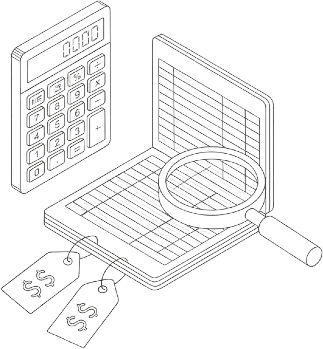 Line drawing of a calculator, an open spreadsheet, a magnifying glass, and two price tags with dollar signs, representing financial analysis or accounting.
