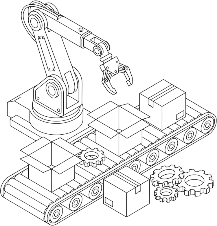 A robotic arm sorts boxes and gears on a conveyor belt, with some boxes open and others closed, and additional gears placed beside the conveyor.