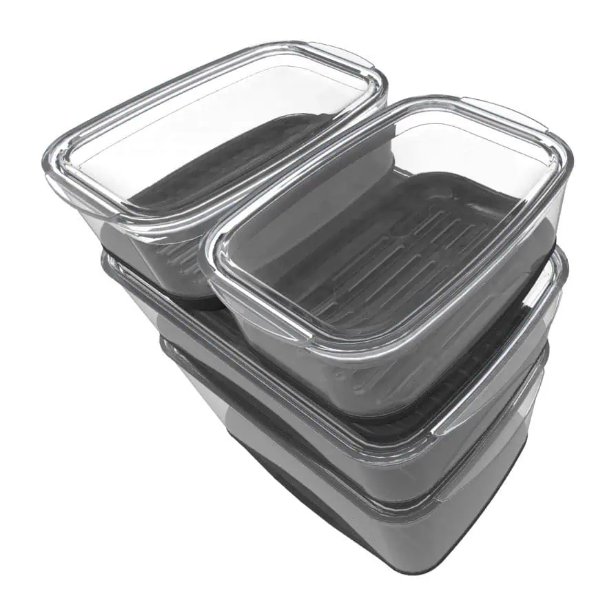 Three transparent rectangular plastic food storage containers with clear lids are stacked together. The containers are empty and shown against a white background.