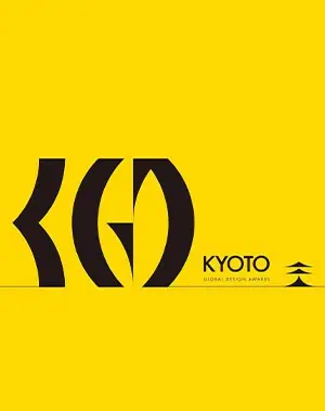 Black abstract shapes form KGA on a bright yellow background, with the words KYOTO GLOBAL DESIGN AWARDS and a minimalist illustration of a pagoda in the lower right corner.