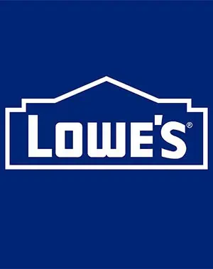 Lowes logo featuring the word Lowes in white, bold letters with a stylized roof outline above the text, set against a solid blue background.