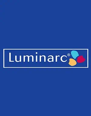 The Luminarc logo features the word Luminarc in white text inside a white rectangular border, with three colorful petal shapes (yellow, blue, and red) on a solid blue background.