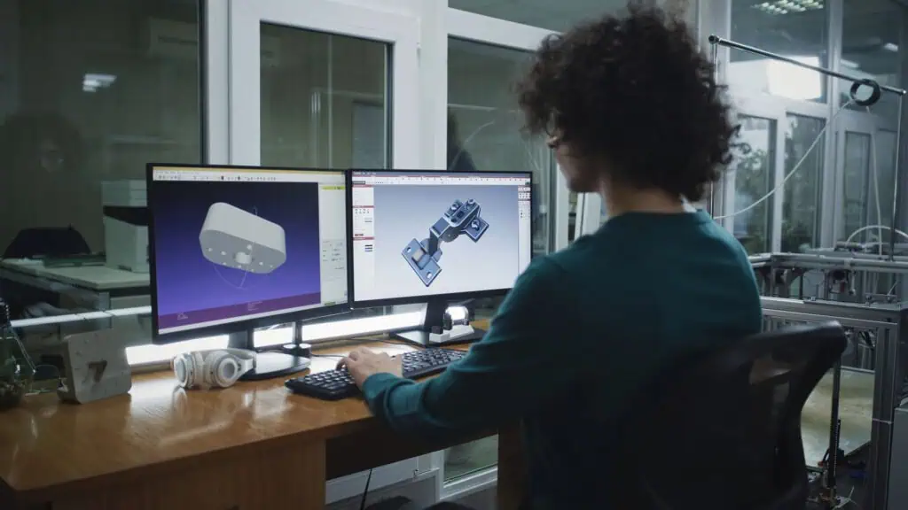 A person with curly hair works at a desk with two monitors displaying 3D modeling software, creating technical designs in an office with large windows and technical equipment in the background.