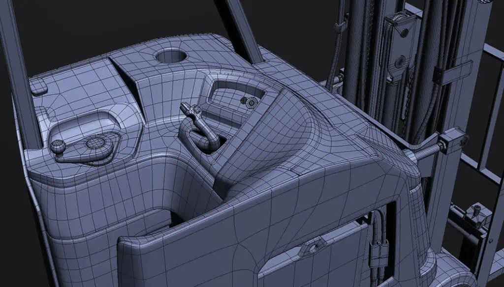 3D wireframe model of a forklift cabin, showing detailed mesh lines on the seat, controls, steering wheel, and surrounding components. The image highlights the structure and design of the forklift’s operator area.