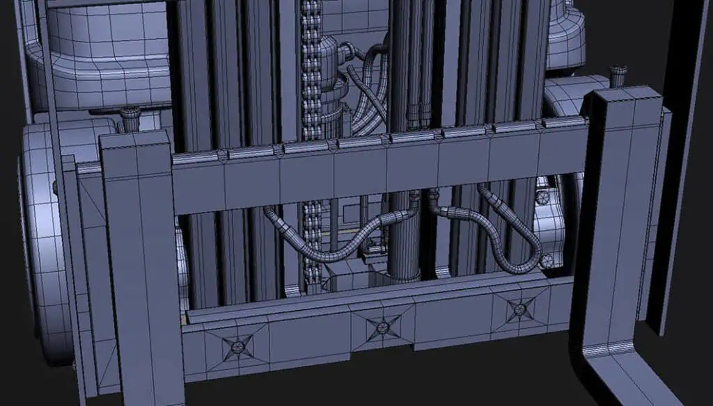 3D wireframe model showing the detailed mechanical structure of a forklift’s mast and hydraulic system, with visible cylinders, hoses, and forks in the lower foreground.