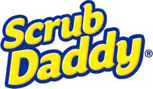 The image shows the Scrub Daddy logo, with the words Scrub Daddy in bold, rounded yellow letters outlined in blue, set against a white background.