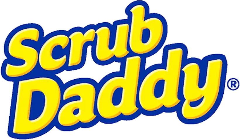 The image shows the Scrub Daddy logo, with the words Scrub Daddy in bold, rounded yellow letters outlined in blue, set against a white background.