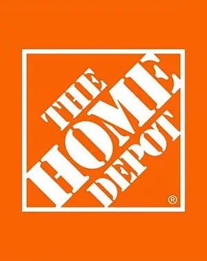 The Home Depot logo featuring the words The Home Depot in bold, white, stenciled letters arranged diagonally on an orange background within a white square border.