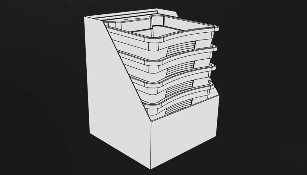 A black and white line drawing shows a vertical storage unit with four trays stacked horizontally inside a rectangular frame, against a plain dark background.