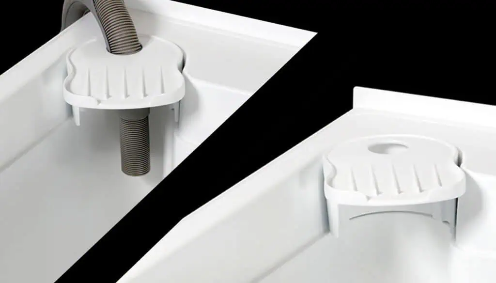 Close-up of a white plastic laundry tub tray with grooves, designed to hold a hose securely over the side of a sink. The tray fits over the edge, shown with and without a hose inserted. Black background.